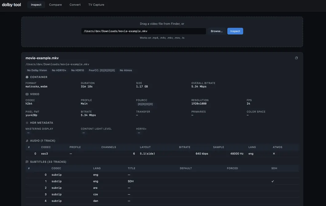 Dolby tool Inspect screen